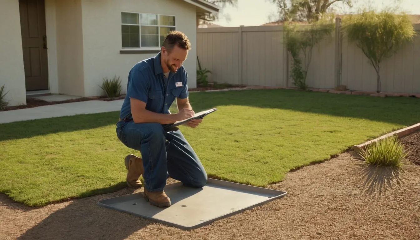 Provider inspecting a septic tank access lid at a stucco ranch home near Long Beach